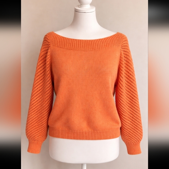 None Sweaters - 🍊 Vibrant Orange Boat Neck Sweater | Open Knit Sleeves | XL | Spring